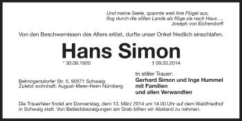 Traueranzeige von Hans Simon von Pegnitz-Zeitung